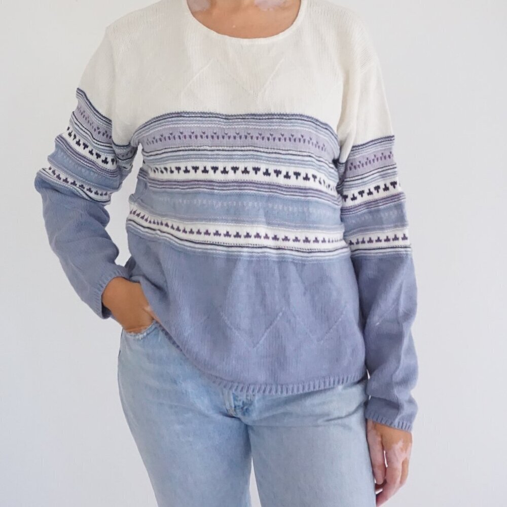 Vintage Eddie Bauer Cream Blue Fair Isle Stripe Cotton Knit Sweater Preppy M